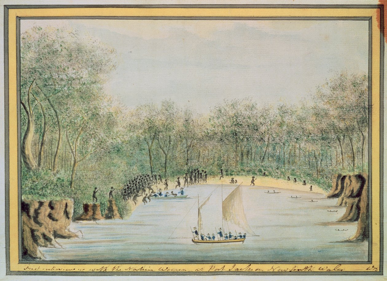 Erstes Treffen mit den einheimischen Frauen in Port Jackson, New South Wales, 1788 von William Bradley