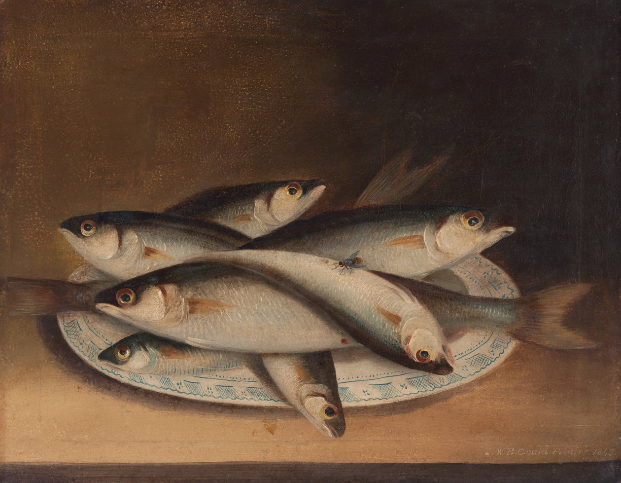 Fisch auf einem blau-weißen Teller von William Buelow Gould