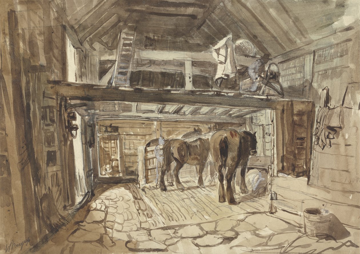 Innenraum eines Stalls, mit zwei fressenden Pferden von Henry William Burgess