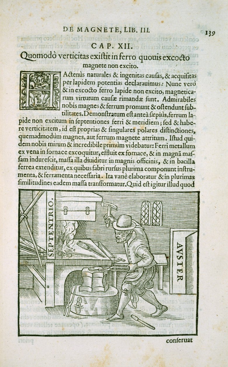 Die Terrella-Experimente, Seite aus Kapitel 3 von De Magnete, Magneticisque Corporibus, et de Magno Magnete Tellure, veröffentlicht von Petrus Short, London, 1600 von William Gilbert