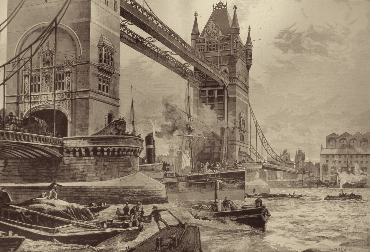 Die Tower Bridge, die über die Themse errichtet werden soll: Grundsteinlegung durch den Prinzen von Wales am vergangenen Montag von William Heysham after Overend