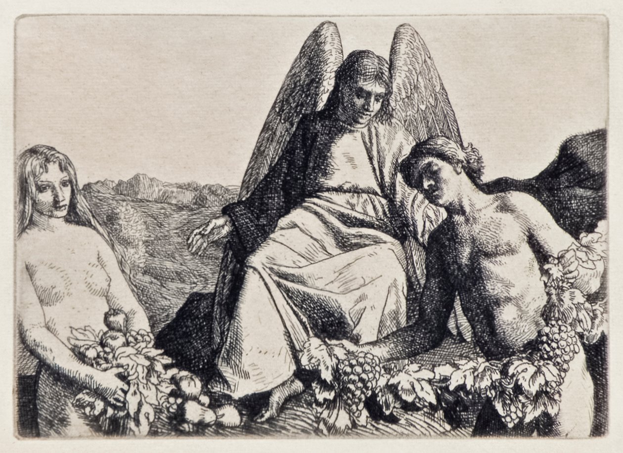 Adam und Eva bewirten Raphael aus Das verlorene Paradies von John Milton, eine Serie von 12 Illustrationen von William Strang von William Strang