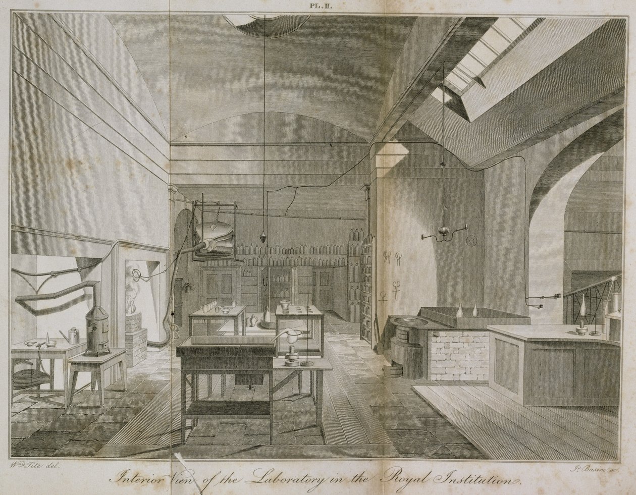 Innenraum des Kellers der Royal Institution aus dem Handbuch der Chemie von W.T. Brande, graviert von James Basire von William Tite