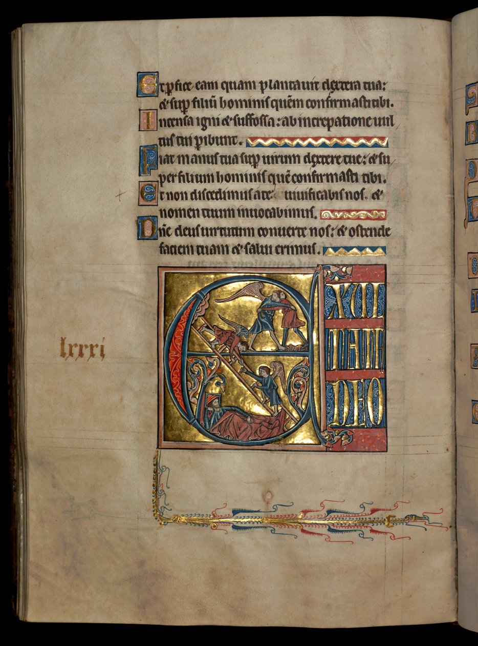 Ms 322 f.82v, Psalm 80, Initiale E, Jakob kämpft mit dem Engel, Jakobs Traum, Illustration aus dem 