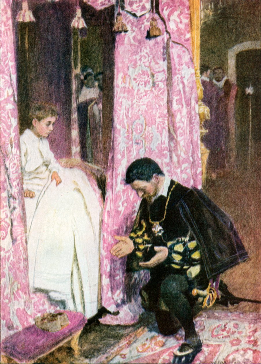 "Der reich gekleidete Erste Lord der Schlafkammer kniete an seinem Bett" von William (after) Hatherell