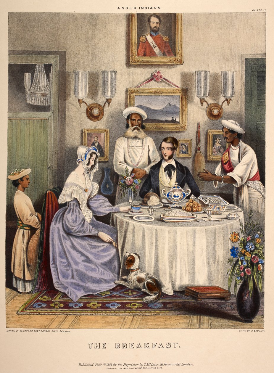 Das Frühstück. Ein junges Ehepaar (ein Beamter der East India Company und seine Frau) frühstückt mit gebratenem Fisch, Reis und Sylhet-Orangen, mit Dienern im Dienst. Lithographie von J. Bouvier von William (after) Tayler