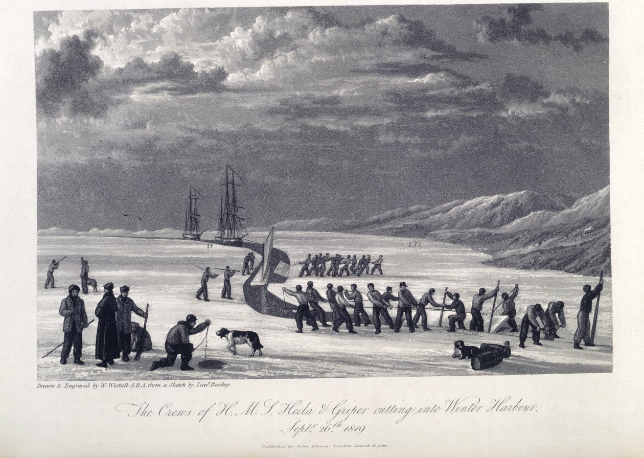 Die Besatzung der H.M.S. Hecla und Griper schneidet in den Winterhafen, 26. September 1819, Illustration aus 