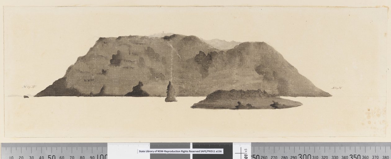 Seite 3b Ansicht einer nicht identifizierten Insel. Links in Tinte 