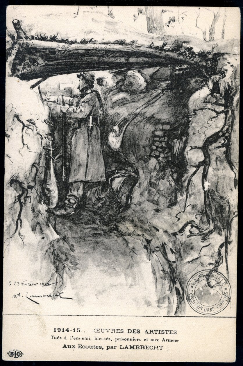 Erster Weltkrieg - Krieg 14-18 (1914-1918) - Erster Weltkrieg (WWI oder WW1): Frankreich, Patriotische Karte mit einer Zeichnung eines Soldaten in einem Schützengraben, der die Frontlinie beobachtet, betitelt: 