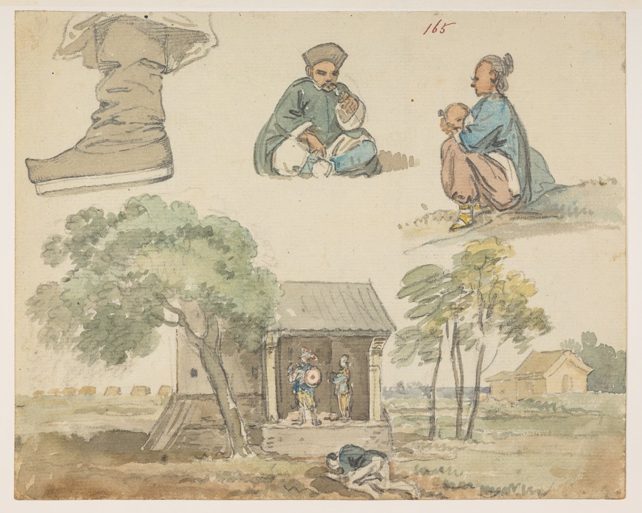 Figurenstudien und Schrein, aus einem Album von 372 Zeichnungen von Landschaften, Küstenlinien, Kostümen und Alltagsleben während der Botschaft von Lord Macartney an den Kaiser von China, zwischen 1792 und 1794 von William Alexander