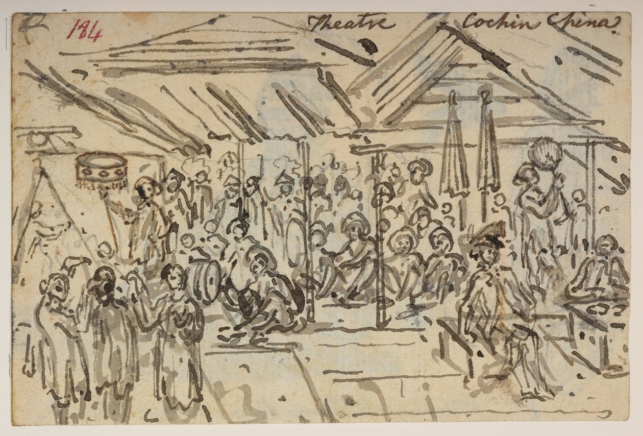 Theater. Cochin China, aus einem Album mit 372 Zeichnungen von Landschaften, Küstenlinien, Kostümen und Alltagsleben, erstellt während der Botschaft von Lord Macartney an den Kaiser von China, zwischen 1792 und 1794 von William Alexander