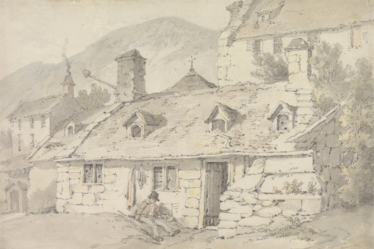 Steinhäuser in einer bergigen Landschaft mit einer Figur im Vordergrund von William Alexander
