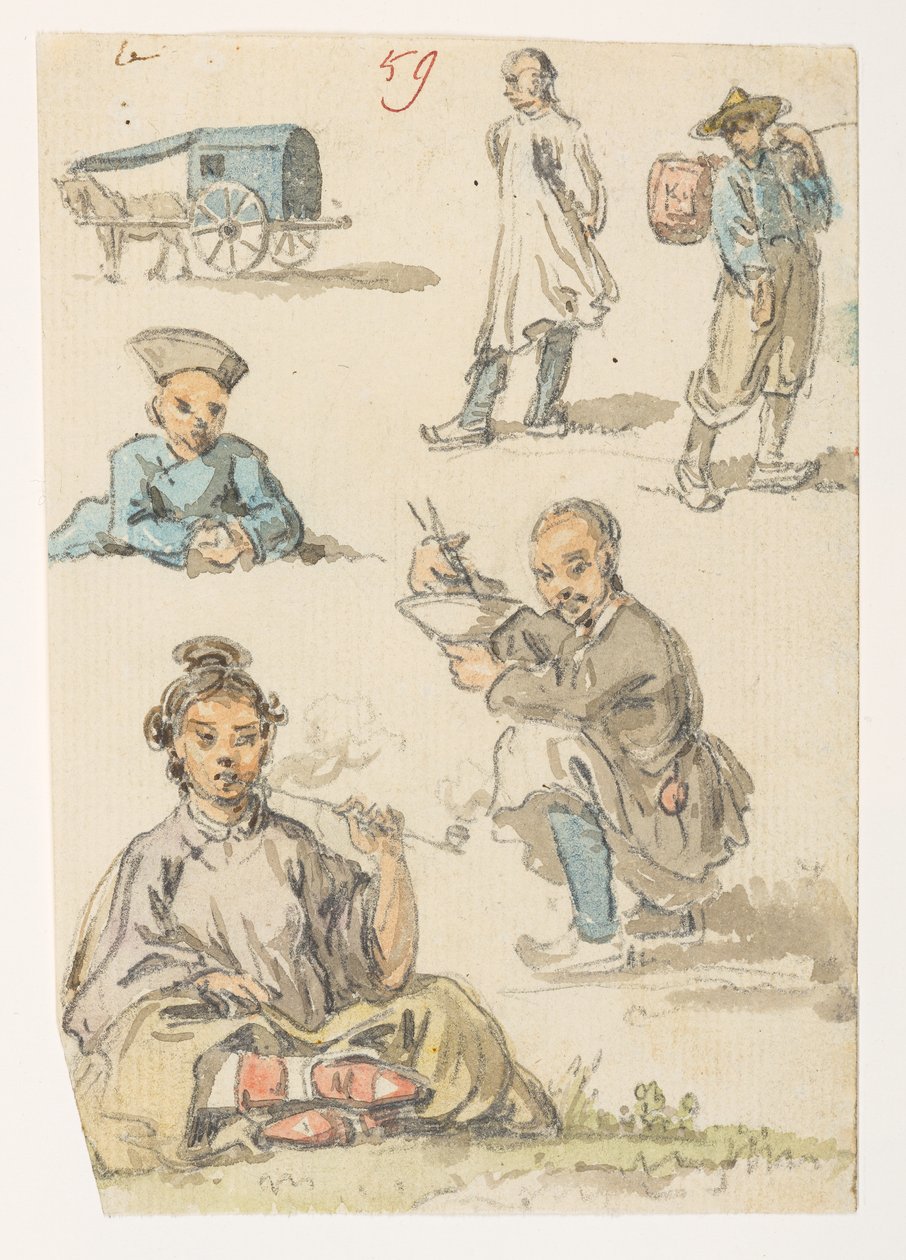 Studien von Chinesen, aus einem Album mit 372 Zeichnungen von Landschaften, Küstenlinien, Kostümen und Alltagsleben, erstellt während der Botschaft von Lord Macartney an den Kaiser von China, zwischen 1792 und 1794 von William Alexander