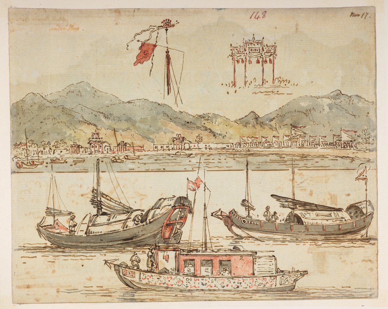 Boote und Triumphbögen, aus einem Album mit 372 Zeichnungen von Landschaften, Küstenlinien, Kostümen und Alltagsleben, erstellt während der Botschaft von Lord Macartney an den Kaiser von China, zwischen 1792 und 1794 von William Alexander