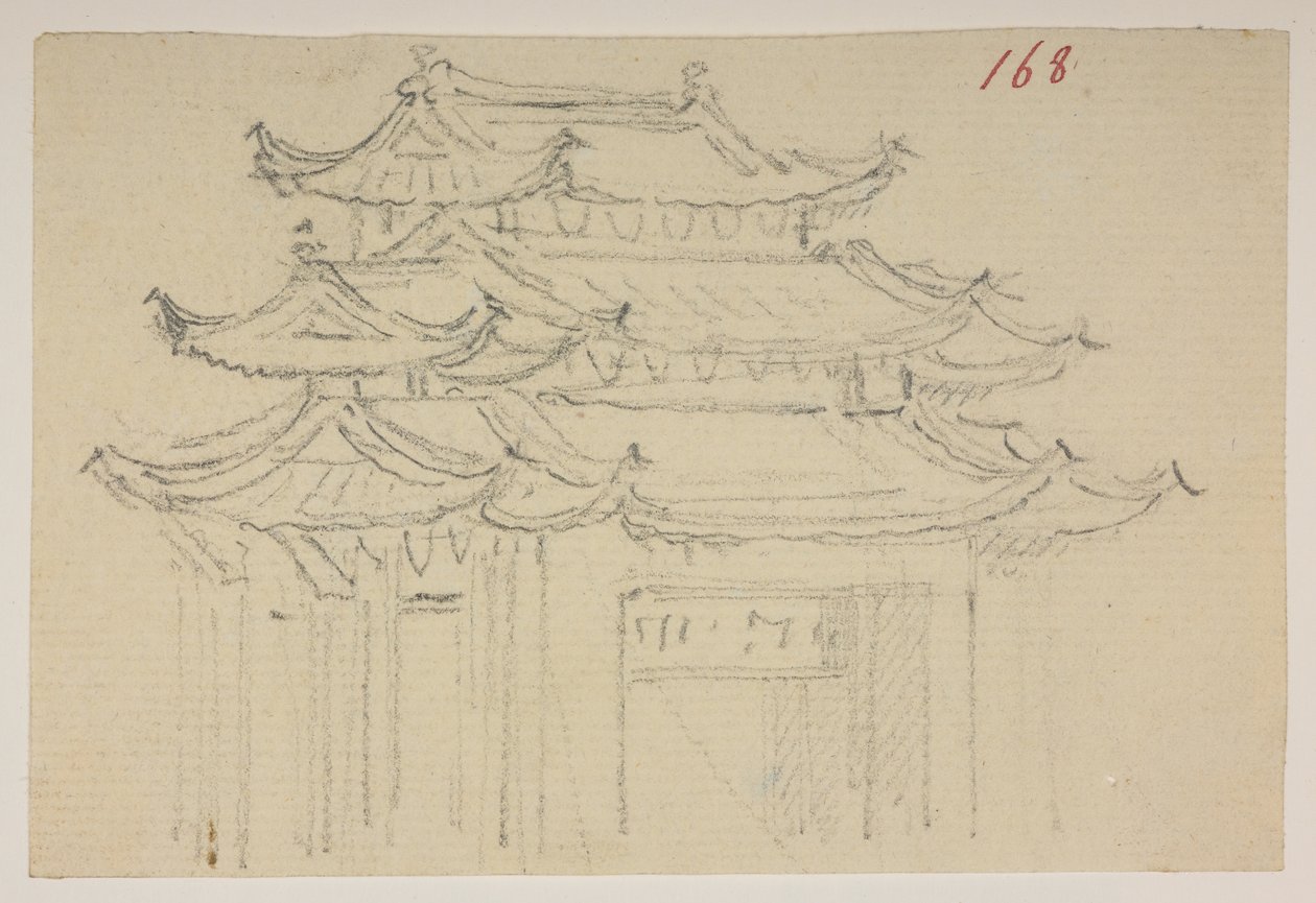 168 Tempel, aus einem Album von 372 Zeichnungen von Landschaften, Küstenlinien, Kostümen und Alltagsleben während der Botschaft von Lord Macartney an den Kaiser von China, zwischen 1792 und 1794 von William Alexander