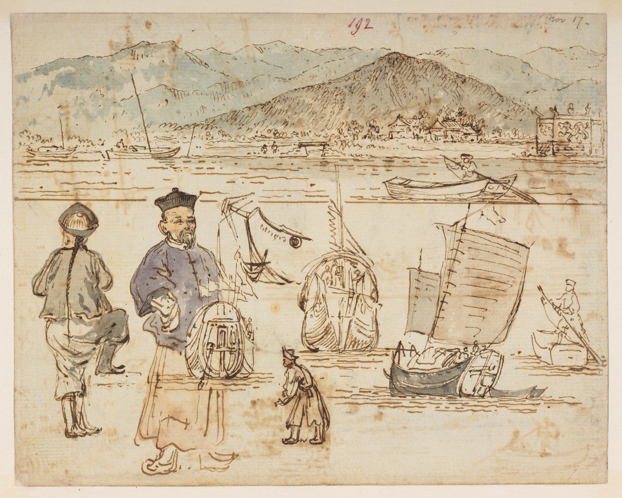 f.67 192 Figurenstudien, mit Booten enthalten in 192., aus einem Album von 372 Zeichnungen von Landschaften, Küstenlinien, Kostümen und Alltagsleben, erstellt während Lord Macartneys Gesandtschaft an den Kaiser von China, zwischen 1792 und 1794 (Bleistift  von William Alexander