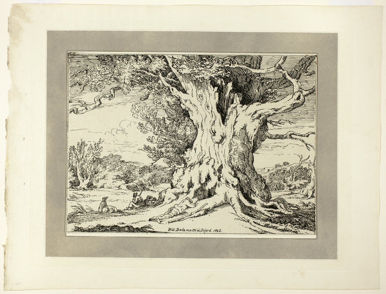 Rastende Männer und Hunde unter einem großen Baum, aus der ersten Ausgabe von Specimens of Polyautography von William Alfred Delamotte