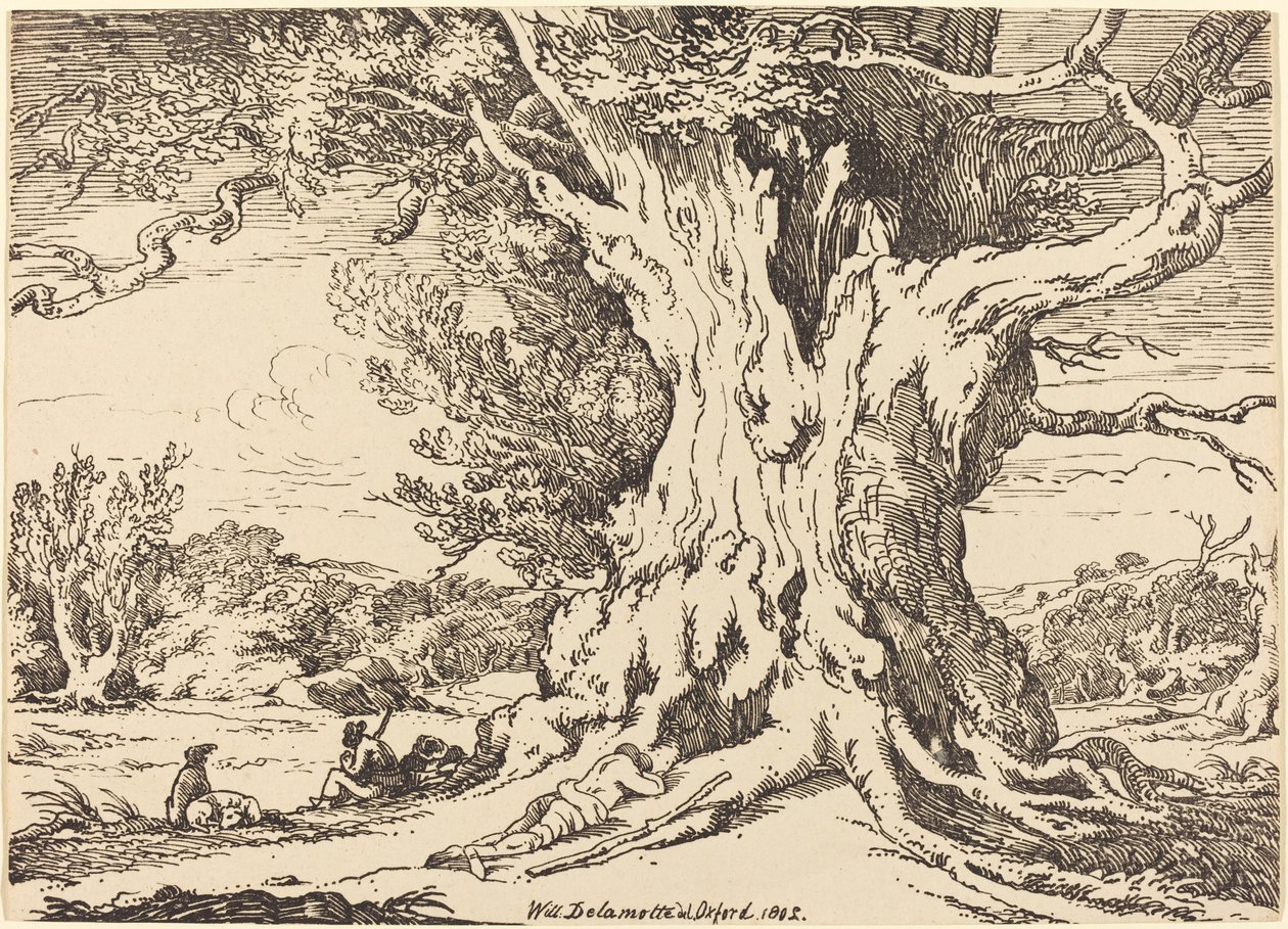Rastende Männer und Hunde unter einem großen Baum von William Alfred Delamotte