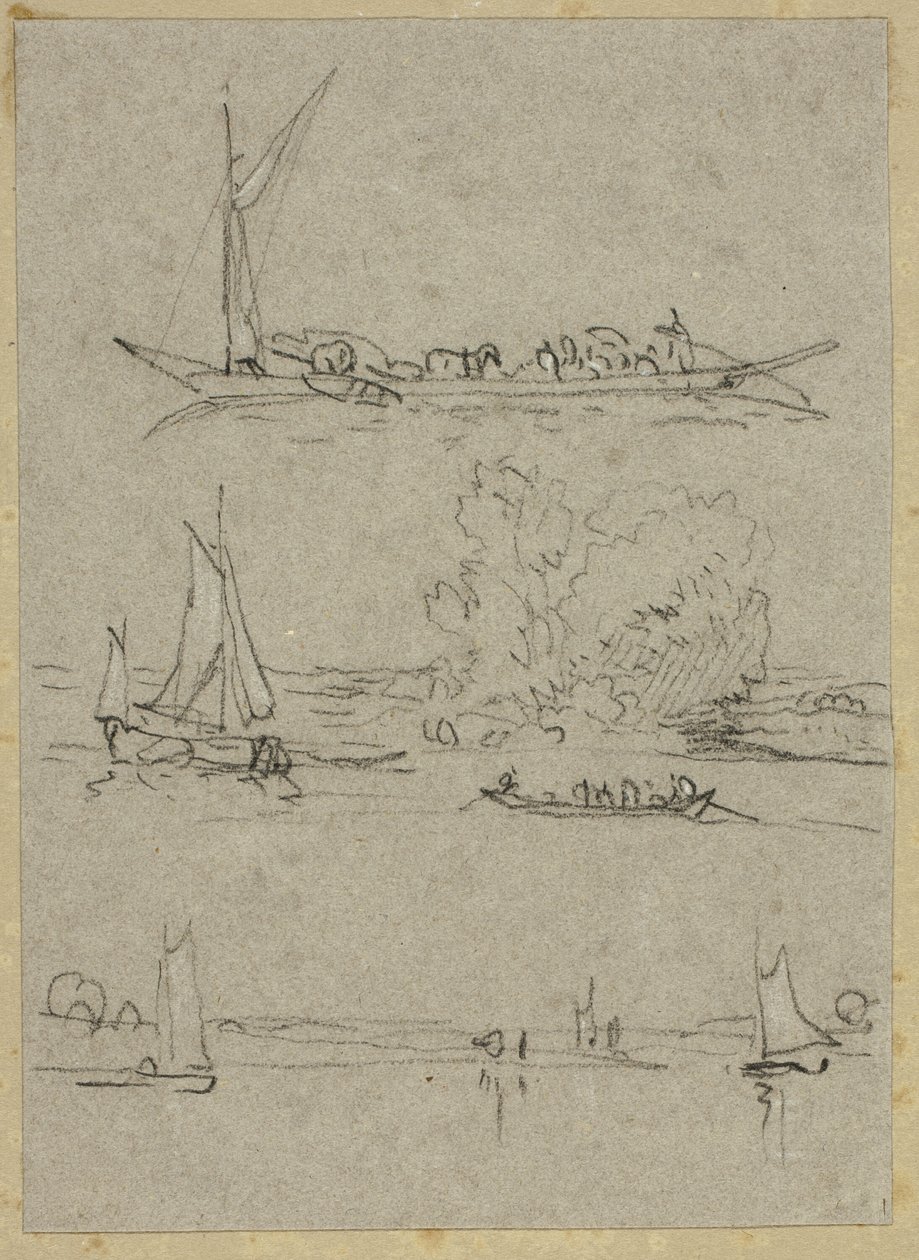 Drei Skizzen von Düsseldorfer Flussbooten von William Alfred Delamotte