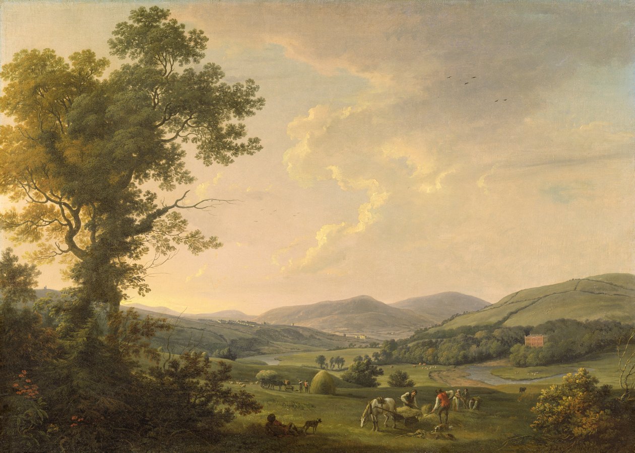 Landschaft mit Heuarbeitern und einem entfernten Blick auf ein georgianisches Haus von William Ashford
