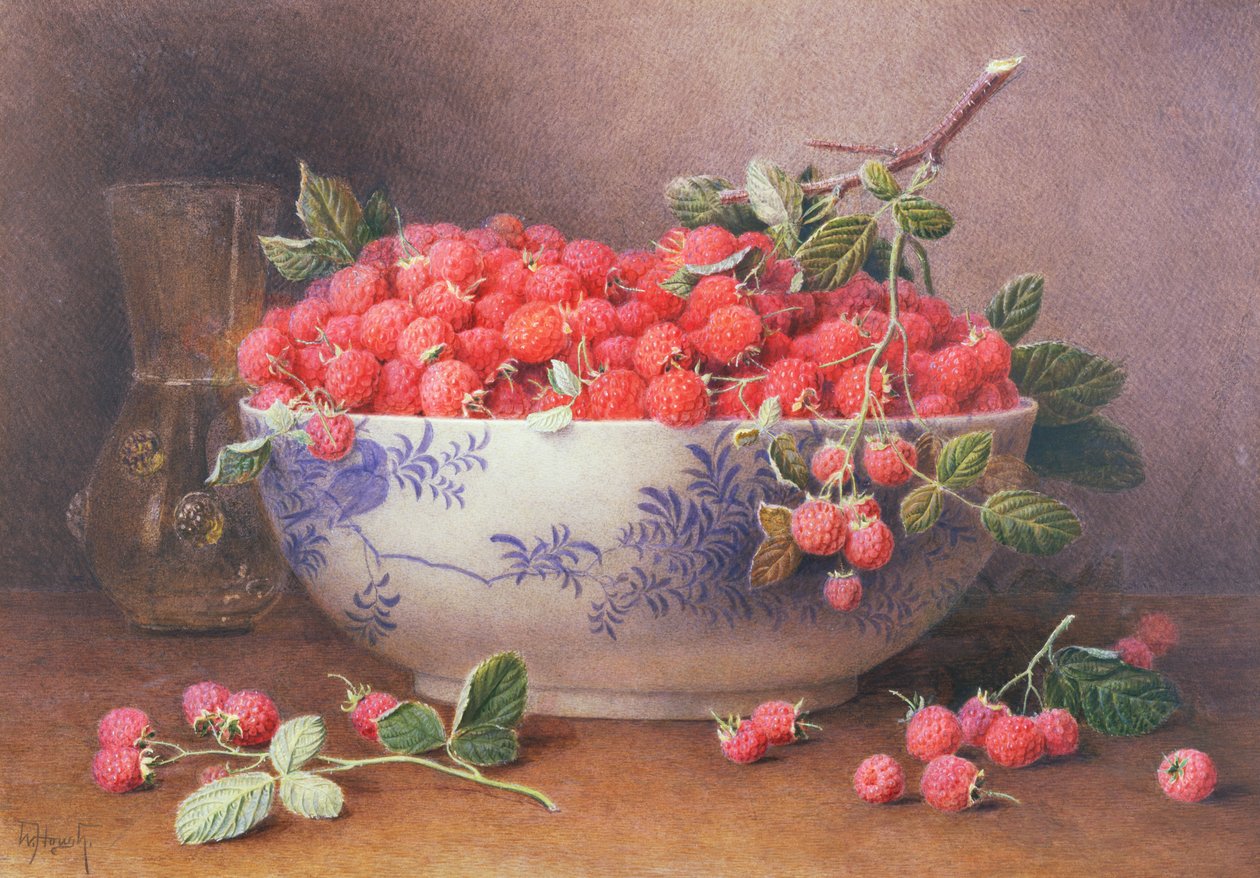 Stillleben mit Himbeeren in einer blau-weißen Schale von William B. Hough