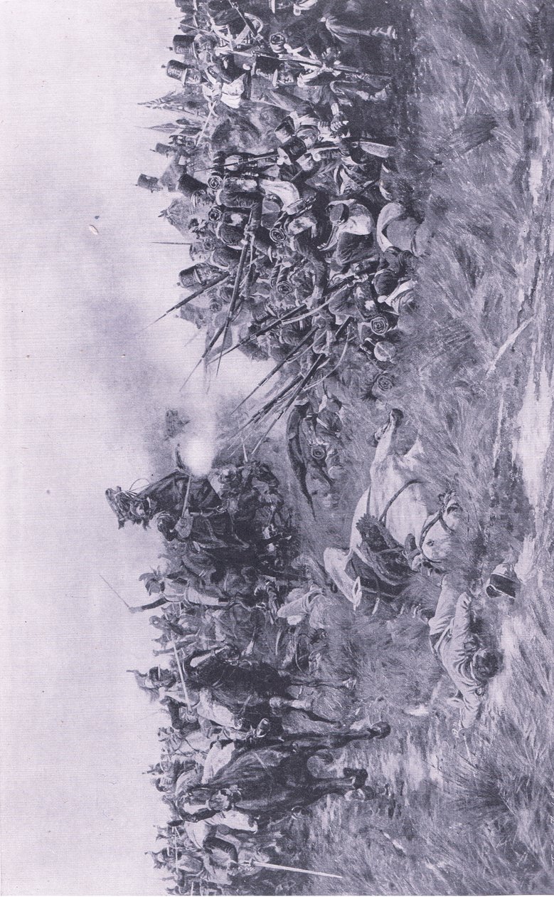 Das 28. Gloucester Regiment empfängt französische Kavallerie bei Waterloo am 18. Juni 1815, Illustration aus Britische Schlachten zu Land und zu Wasser, 1915 von William Barnes Wollen