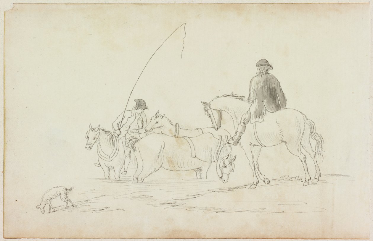 Zwei Männer zu Pferd mit zwei Pferden und Hund von William Beilby
