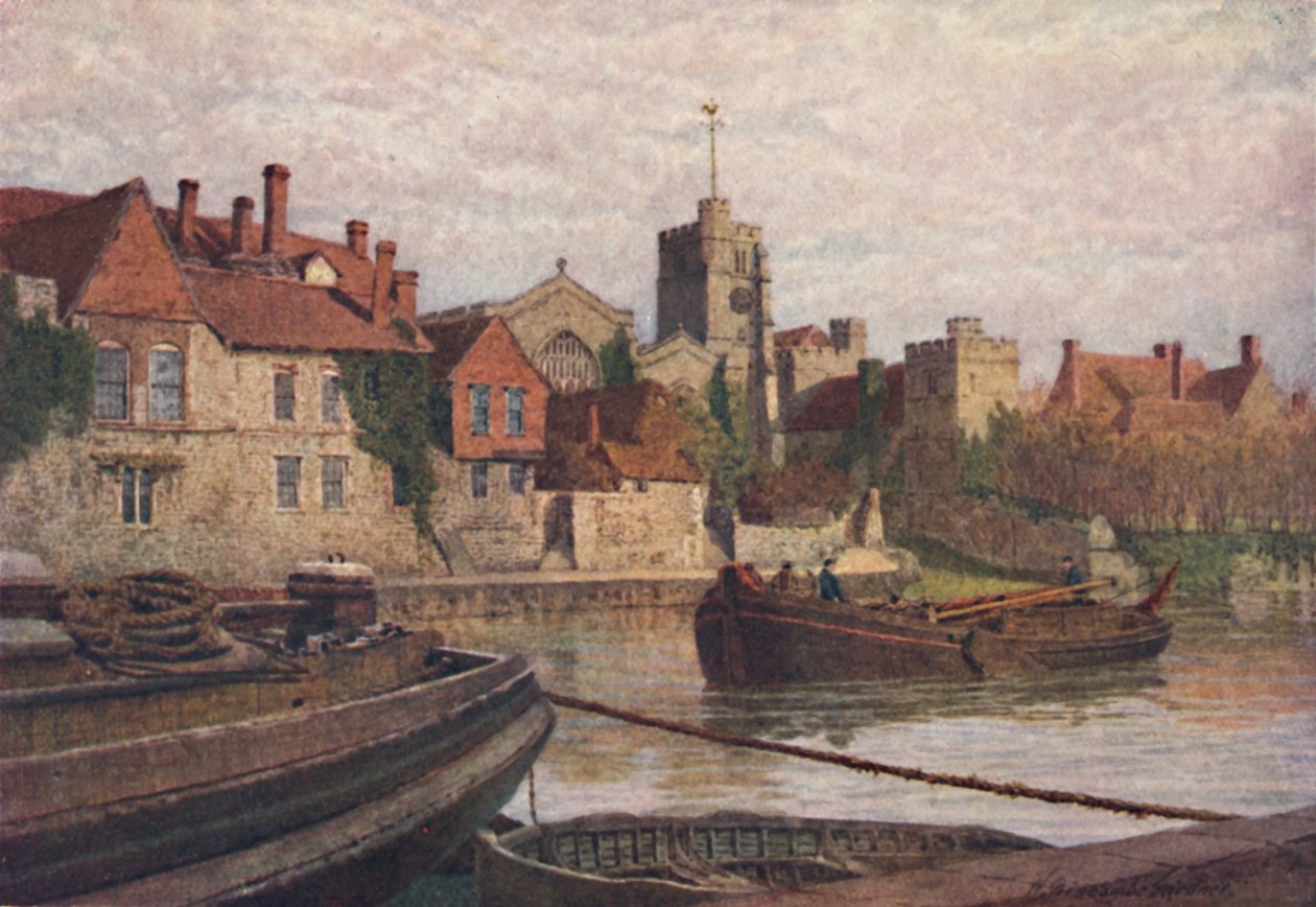 Maidstone. Rückseite des alten Palastes, die Kirche und das alte College von der anderen Seite des Medway, ca. 1900 von William Biscombe Gardner