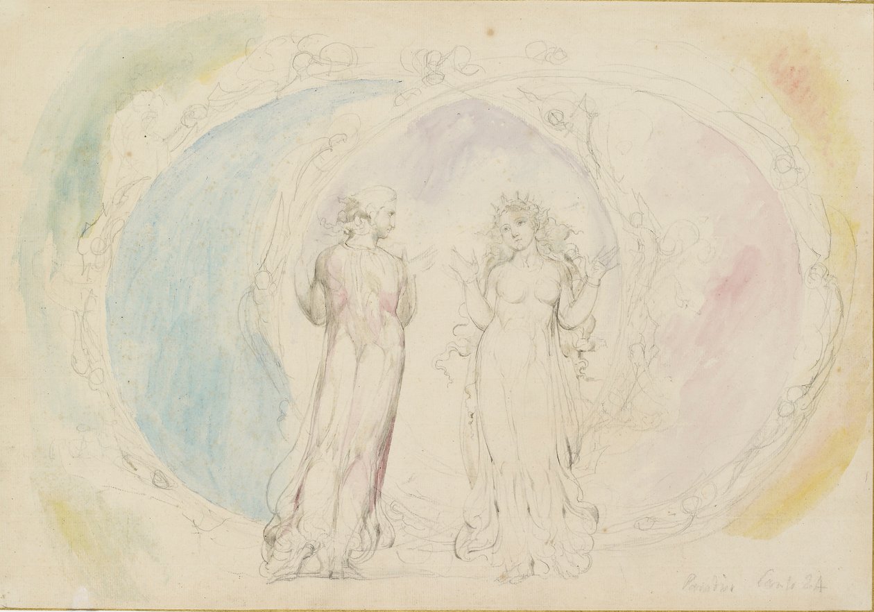 Beatrice und Dante in Gemini, inmitten der Flammensphären, 1825-1827 von William Blake