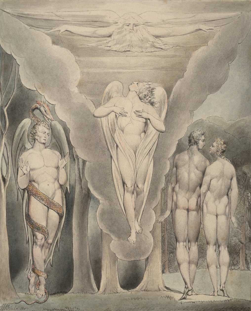 Illustration 4 zu Miltons "Das verlorene Paradies": Satan spioniert Adam und Eva aus und Raphaels Abstieg ins Paradies von William Blake