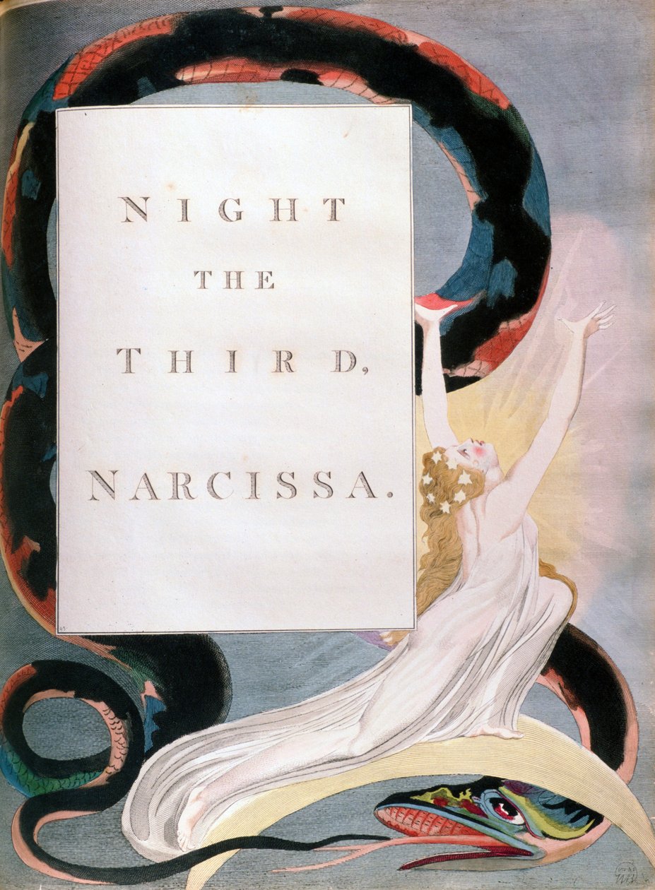 Nacht die Dritte Narcissa, Titelblatt aus den Nächten von Edward Youngs Night Thoughts, ca. 1797 von William Blake