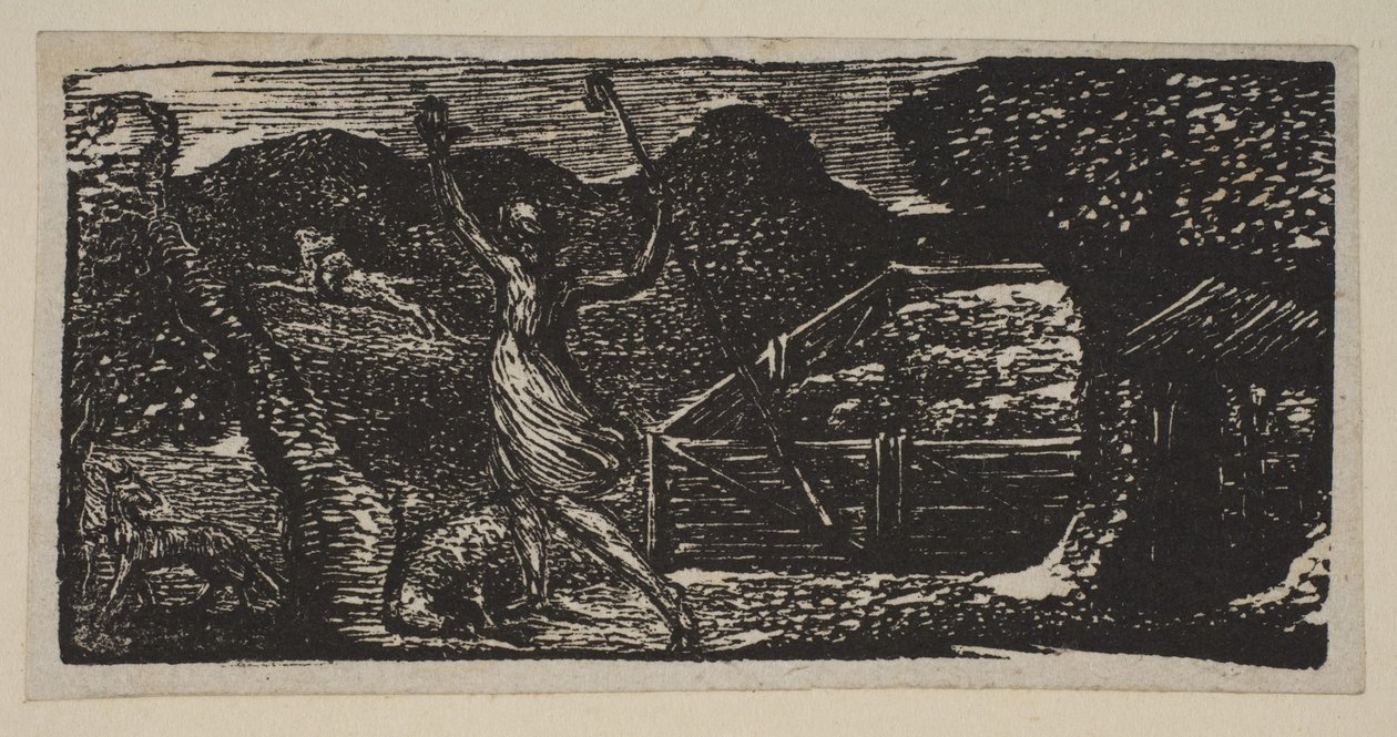 Hirte vertreibt einen Wolf, aus Thorntons Pastoralen von Virgil, 1821 von William Blake