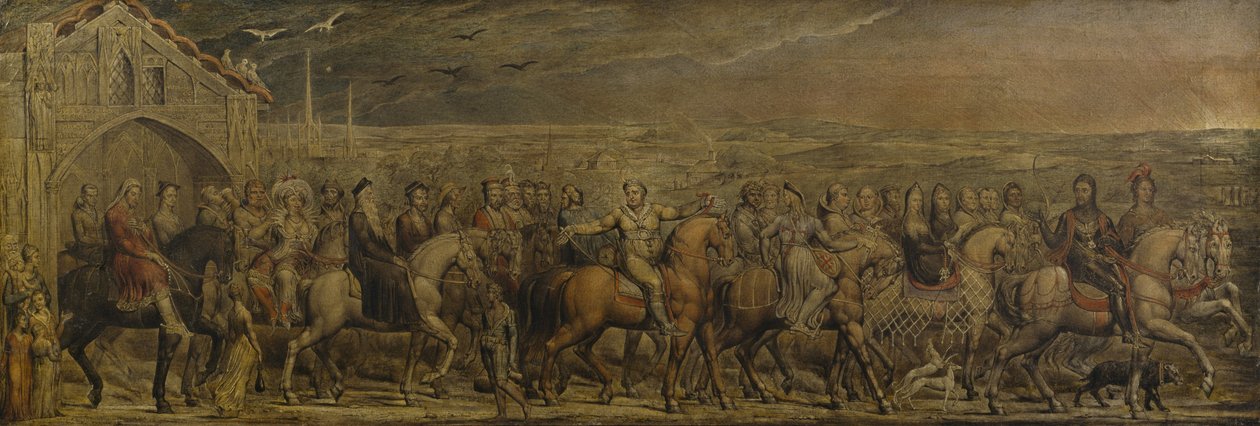 Sir Jeffrey Chaucer (ca. 1342-1400) und die neunundzwanzig Pilger auf ihrer Reise nach Canterbury von William Blake