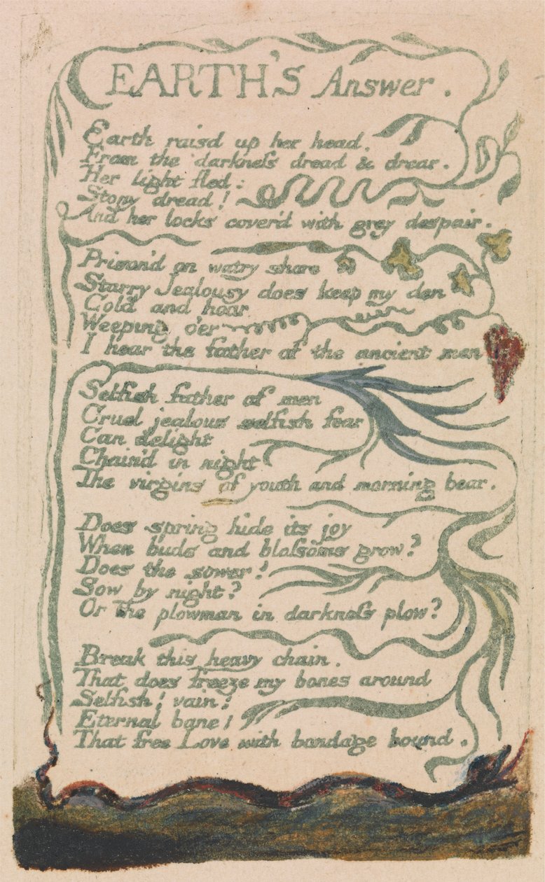 Lieder der Unschuld und der Erfahrung, Platte 35, "Antwort der Erde" (Bentley 31) von William Blake