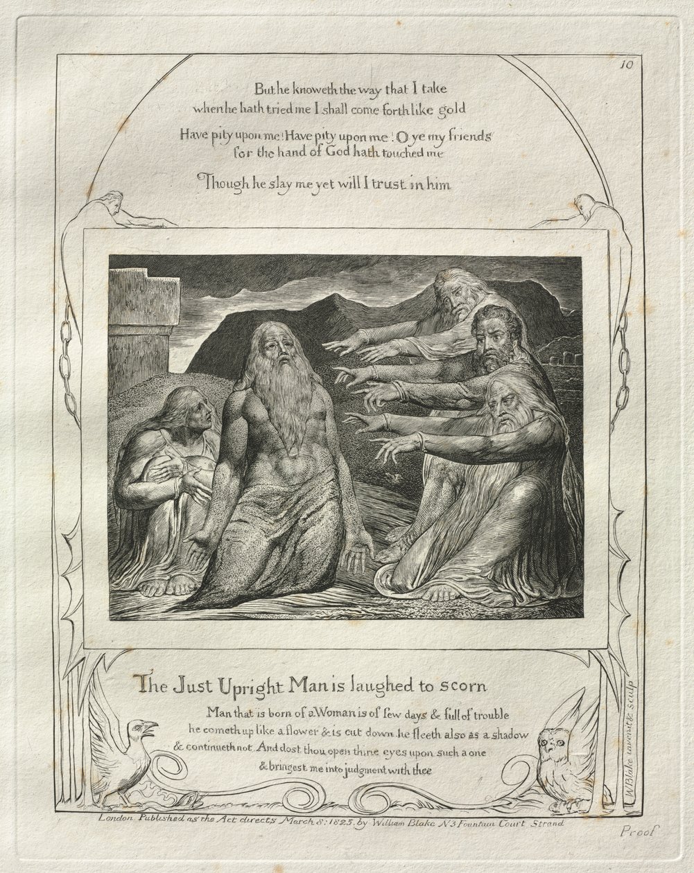 Das Buch Hiob: Pl. 10, Der gerechte aufrechte Mann wird verspottet von William Blake