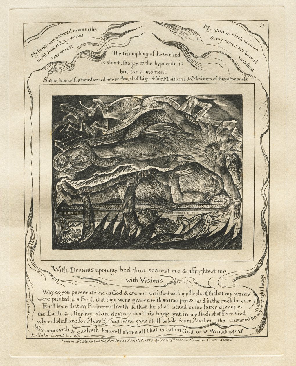 Das Buch Hiob: Pl. 11, Mit Träumen auf meinem Bett erschreckst du mich und ängstigst mich mit Visionen von William Blake