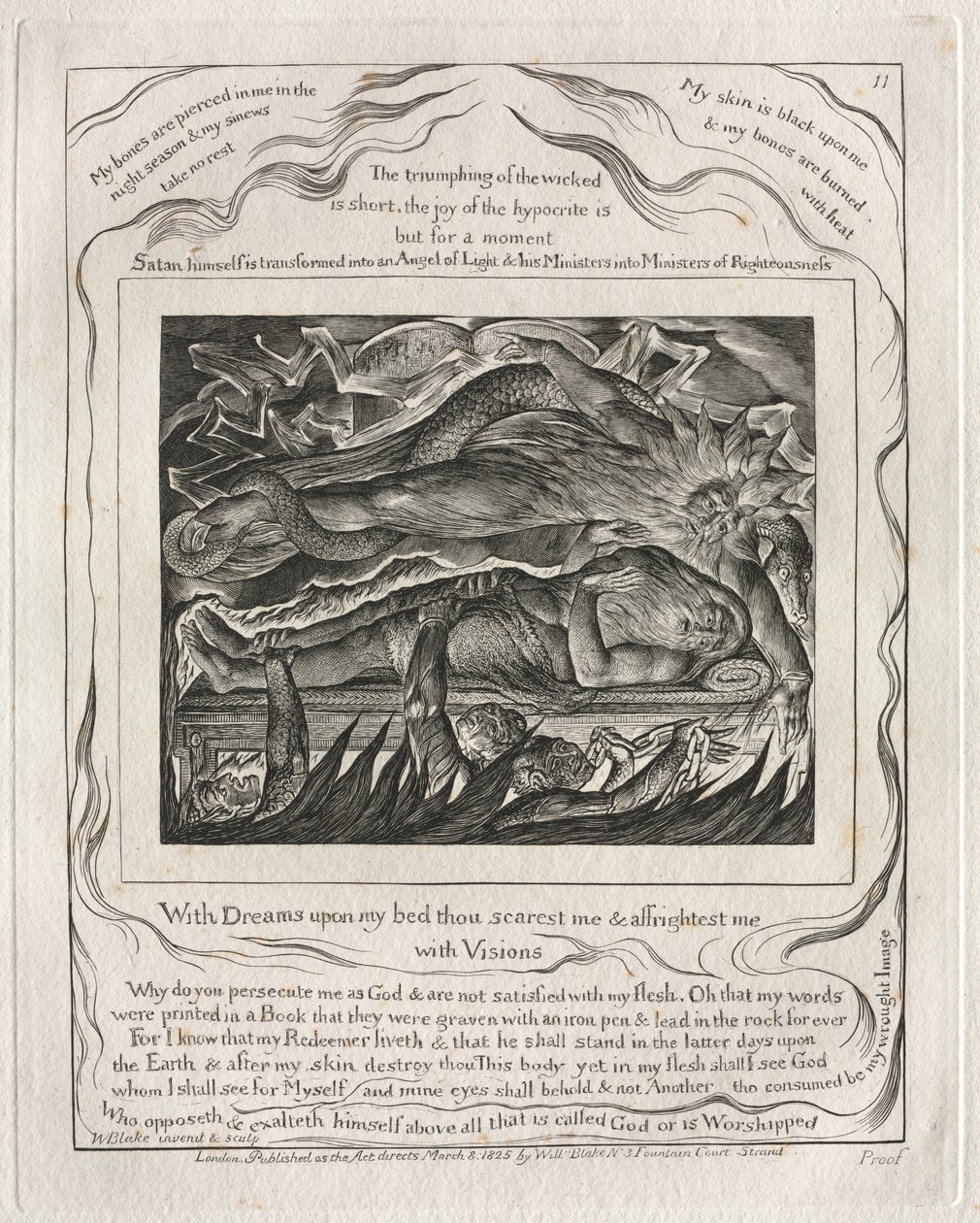 Das Buch Hiob: Pl. 11, Mit Träumen auf meinem Bett erschreckst du mich und ängstigst mich..., 1825 von William Blake