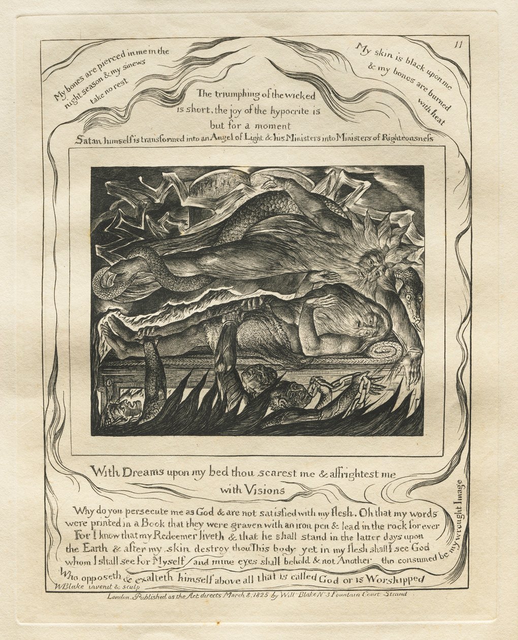 Das Buch Hiob: Pl. 11, Mit Träumen auf meinem Bett erschreckst du mich und ängstigst mich..., 1825 von William Blake