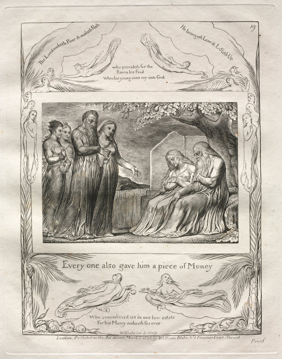 Das Buch Hiob: Pl. 19, Jeder gab ihm auch ein Stück Geld, 1825 von William Blake