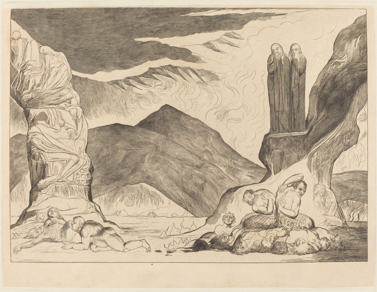 Der Kreis der Fälscher; Dante und Virgil halten sich wegen des Gestanks die Nasen zu von William Blake