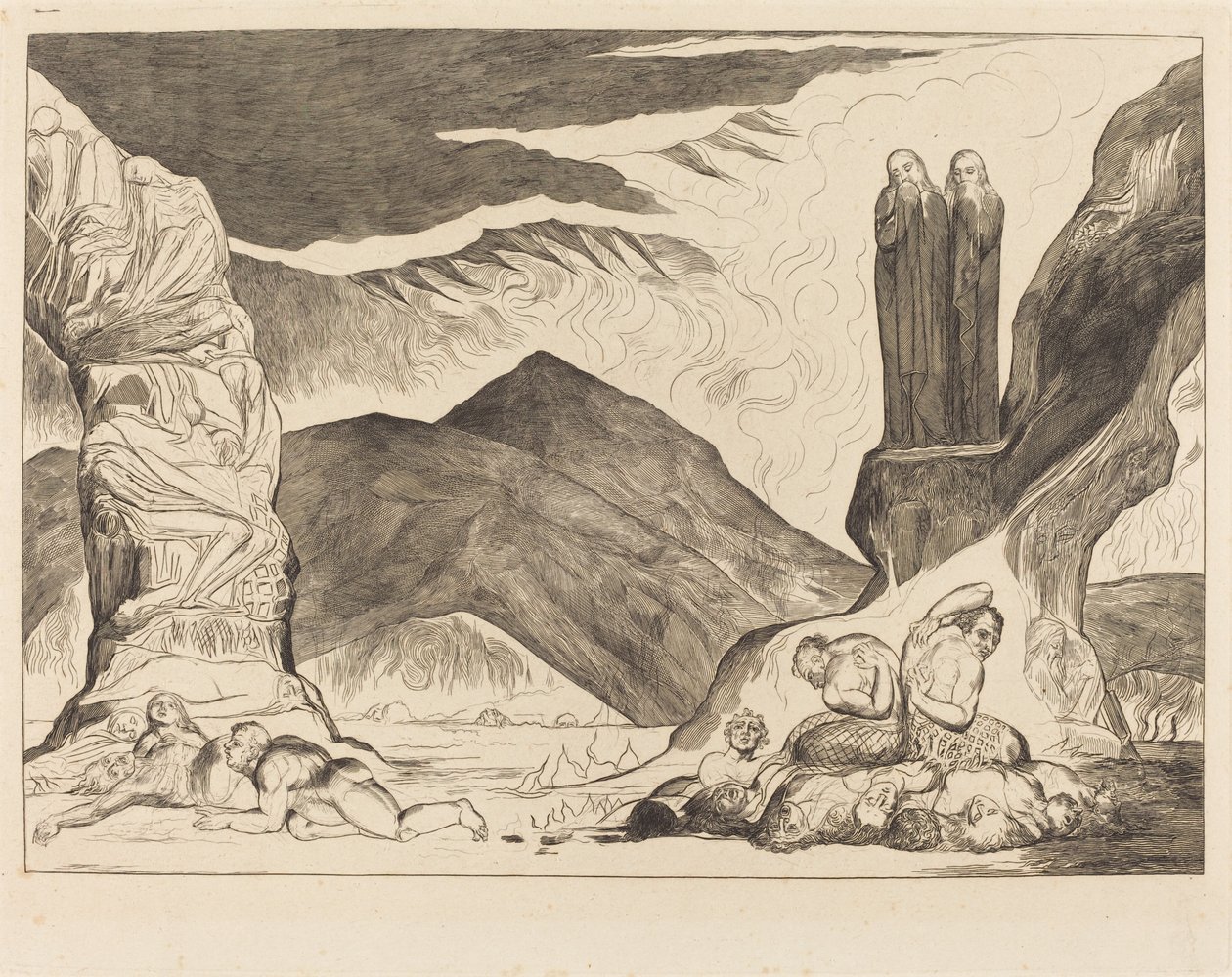 Der Kreis der Fälscher; Dante und Virgil halten sich wegen des Gestanks die Nasen zu von William Blake