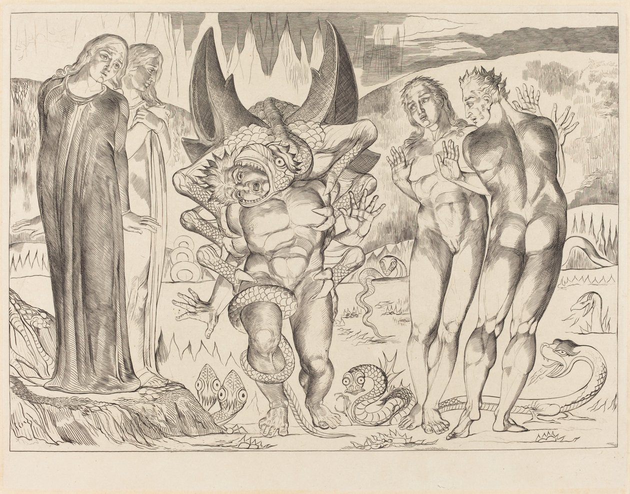 Der Kreis der Diebe; Agnolo Brunelleschi wird von einer sechsfingrigen Schlange angegriffen von William Blake