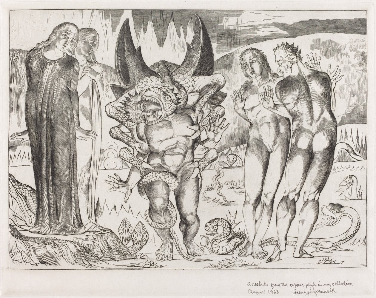 Der Kreis der Diebe; Agnolo Brunelleschi wird von einer sechsfingrigen Schlange angegriffen von William Blake