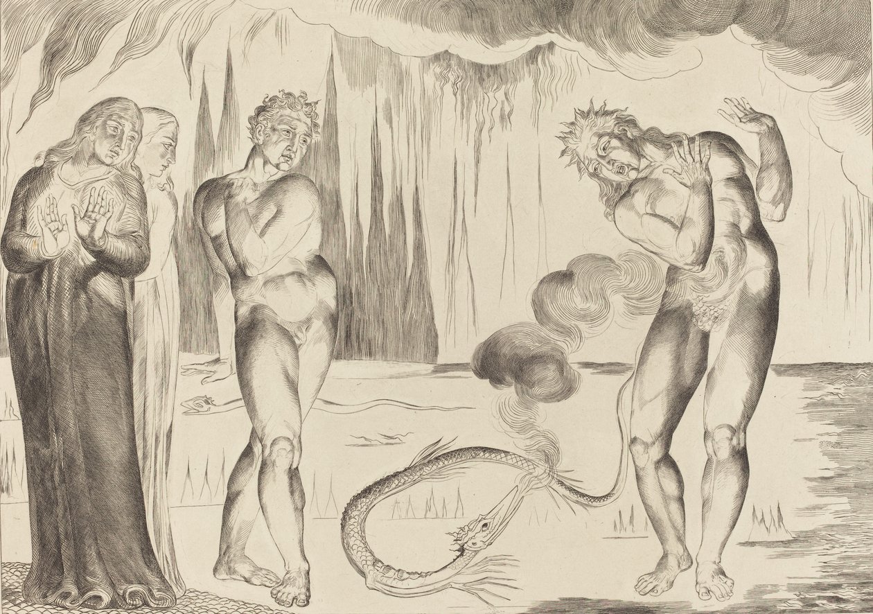 Der Kreis der Diebe, Buoso Donati von der Schlange angegriffen von William Blake