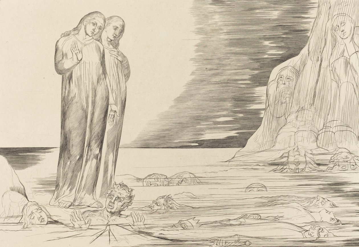 Der Kreis der Verräter, Dantes Fuß tritt Bocca degli Abbate von William Blake