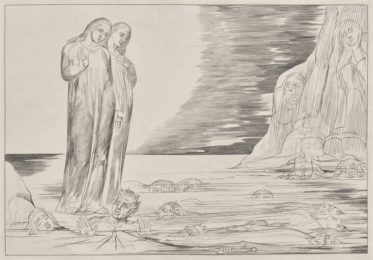 Der Kreis der Verräter: Dantes Fuß tritt Bocca degli Abbate, aus Dantes Inferno, Canto XXXII Illustration zu Dantes Die Göttliche Komödie von William Blake