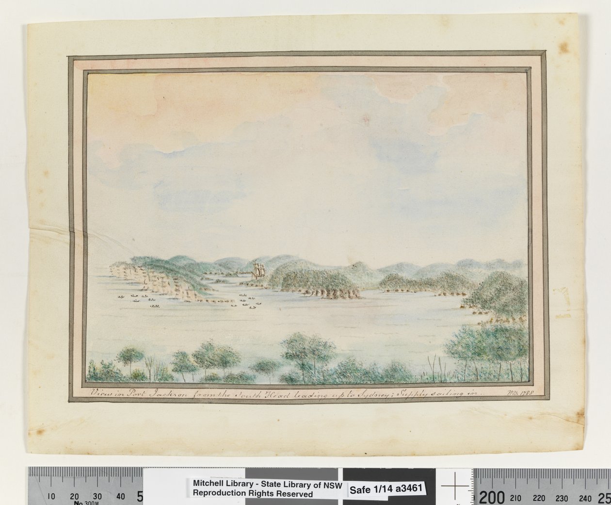 Gegenüber S. 123. `Blick auf Port Jackson vom South Head in Richtung Sydney; Supply segelt ein.