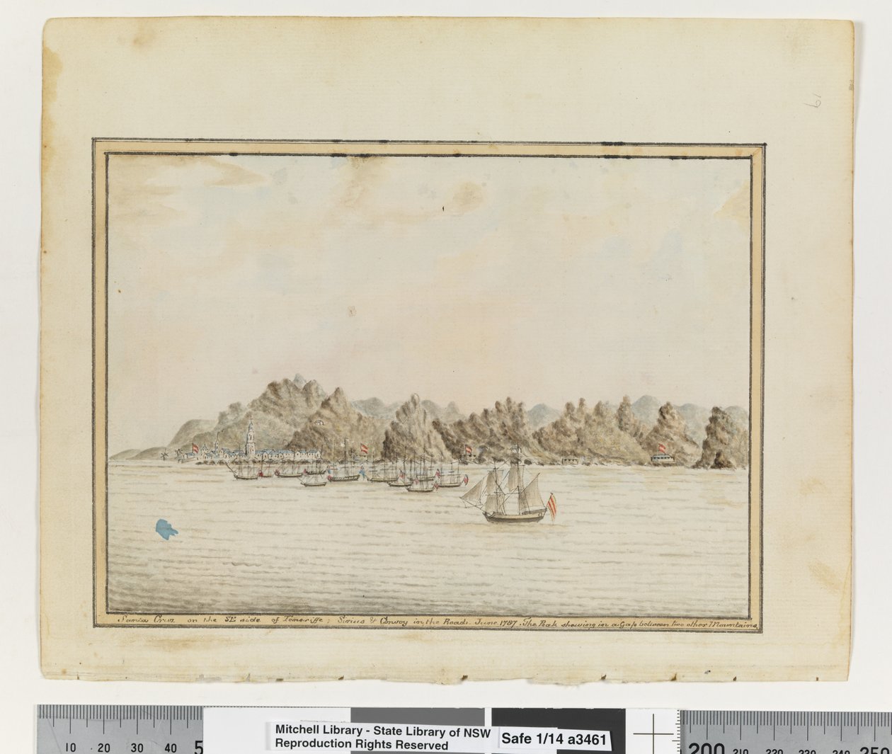 Gegenüber S. 19. `Santa Cruz auf der SE-Seite von Teneriffa; Sirius & Konvoi in den Straßen. Juni 1787. Der Gipfel zeigt sich in einer Lücke zwischen zwei anderen Bergen