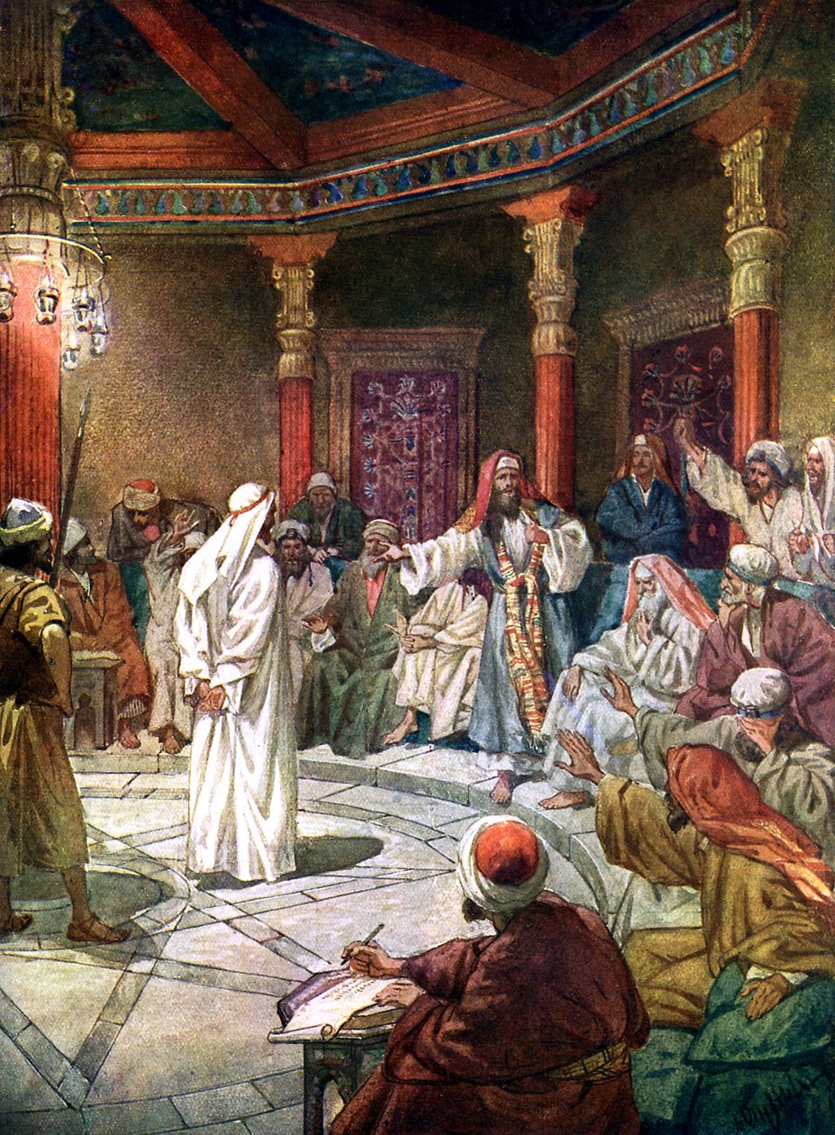 Jesus wird vom Hohepriester Kaiphas verhört - Bibel von William Brassey Hole