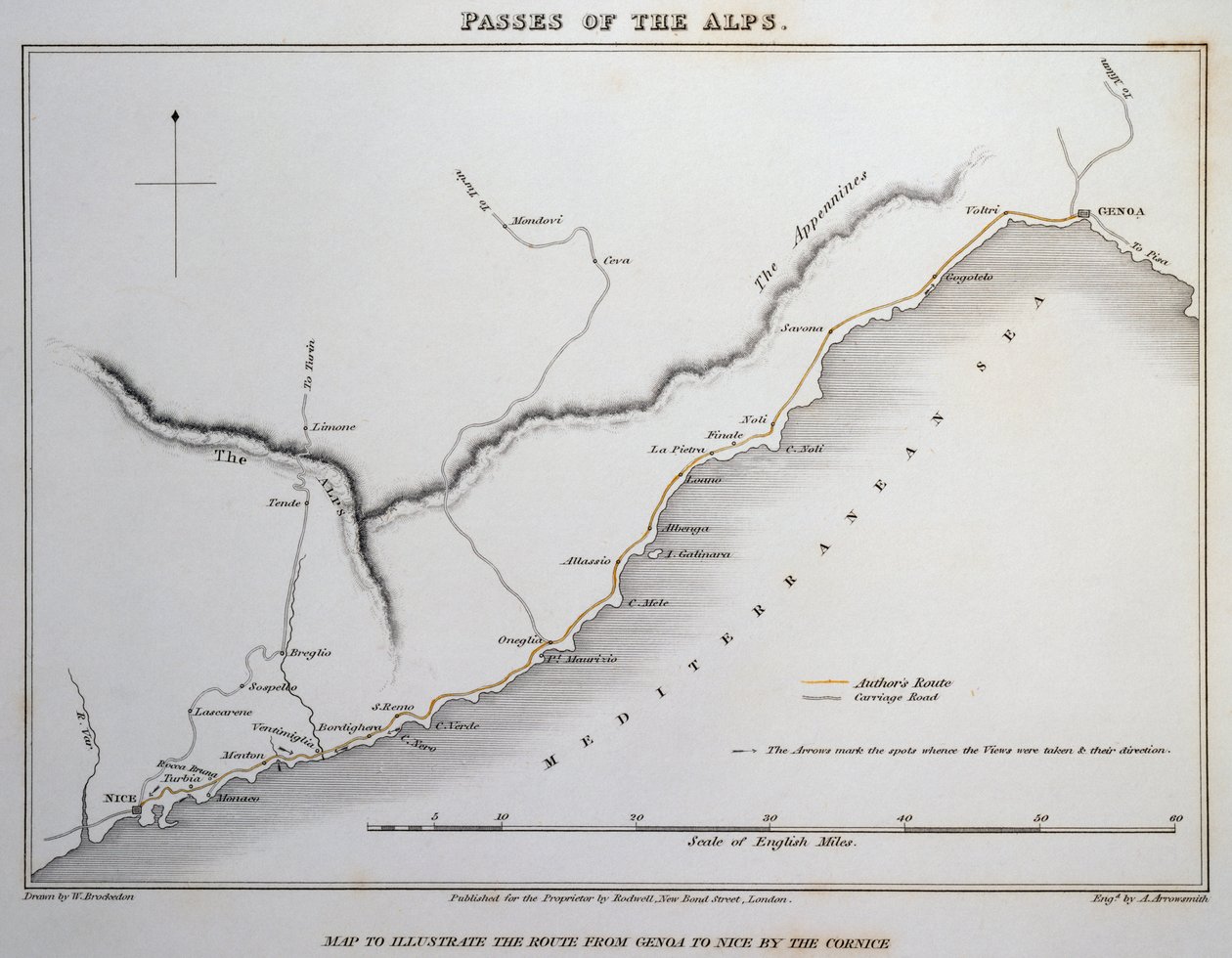 Karte der Pässe in den Seealpen, Küstenstraße zwischen Genua und Nizza, aus Illustrationen der Alpenpässe von William Brockedon